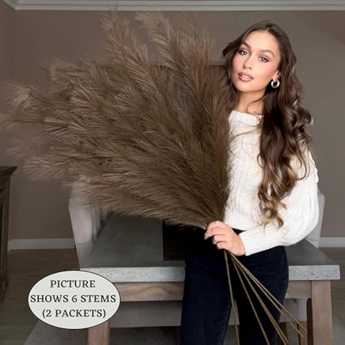 VOULUX Extra Large Tall Dark Brown Fake Faux Artificial Pampas Grass Large Fluffy x3 115cm Stems x18 Decorative Artificial Flora Feathers For Floor Vases Tall Plant Flowers Long Pampas Grass