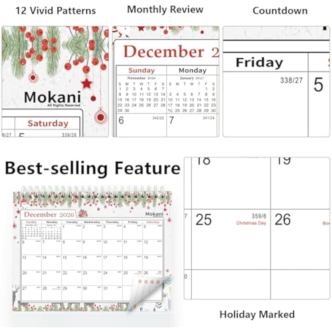 MOKANI Desk Calendar 2025-2026, Small Standing Desktop Calendar (Jul.2025-Dec.2026), Academic Monthly Planner with 234 Stickers and Multi-country Holidays Marked- 20.5 X15cm