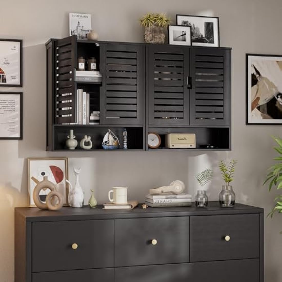 SMIBUY Bathroom Cabinet Wall Mounted, Bamboo Over-The-Toilet Storage Organizer, Space Saver Medicine Cabinet with 2 Door and Adjustable Shelves (Black)