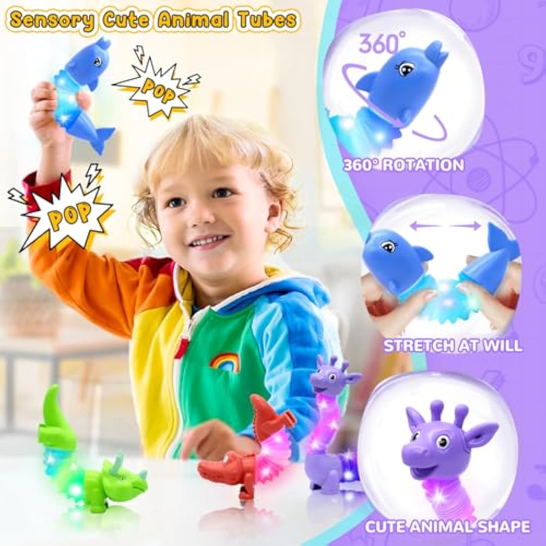 DELEE Pop Tubes Animal Toy, 4Packs Animal Tubes for Autism with LED Light, Christmas Glow Party Favors, Stress Relief Toys for ADHD Kids,Party Supplies for Halloween Birthday Gifts 3 4 5 Year Old