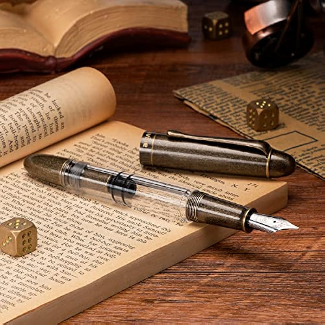 Asvine P30 Piston Fountain Pen Medium Nib, Retro Brass Style, Transparent Acrylic Large Ink Capacity Writing Gift Box