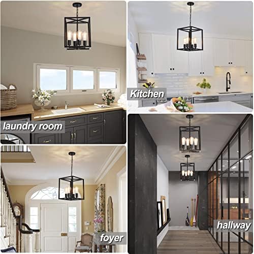 Qcyuui Vintage Lantern Pendant Light, Industrial Metal Cage Foyer Chandeliers Ceiling Lamp, 4-Light Black Hanging Pendant Lighting Fixture for Kitchen Island Farmhouse Hallway, E27