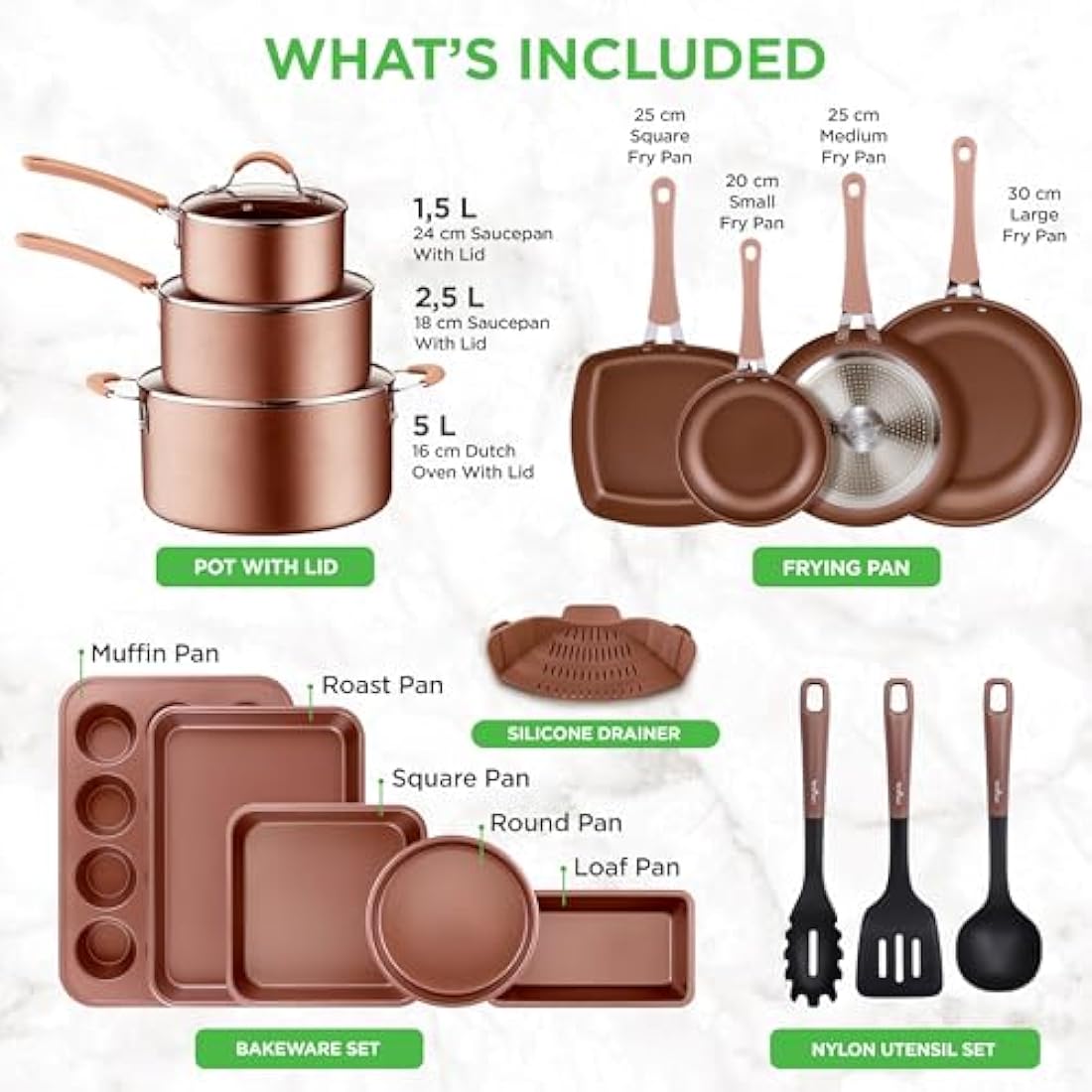 Nutrichef 20 Piece Pots and Pans Set, Bakeware and Cookware Set, Induction Hob Pots Set w/Lids, Non Stick Set, Heat Safe Silicone Handles, Saucepan, Frying Pans, Muffin Tin, Cookie Tray, Utensil-Gold