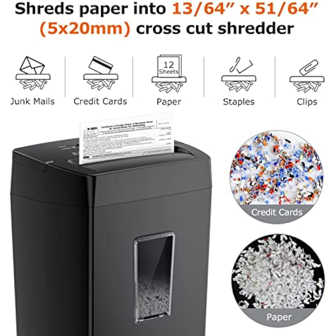 Bonsaii 12-Sheet Cross Cut Paper Shredder, Home Heavy Duty Shredder, P4 Security(5x20mm), 5-Minute Continuous Shredding, Shreds Credit Cards, Mails & Staples, 21L Bin(C275-A)