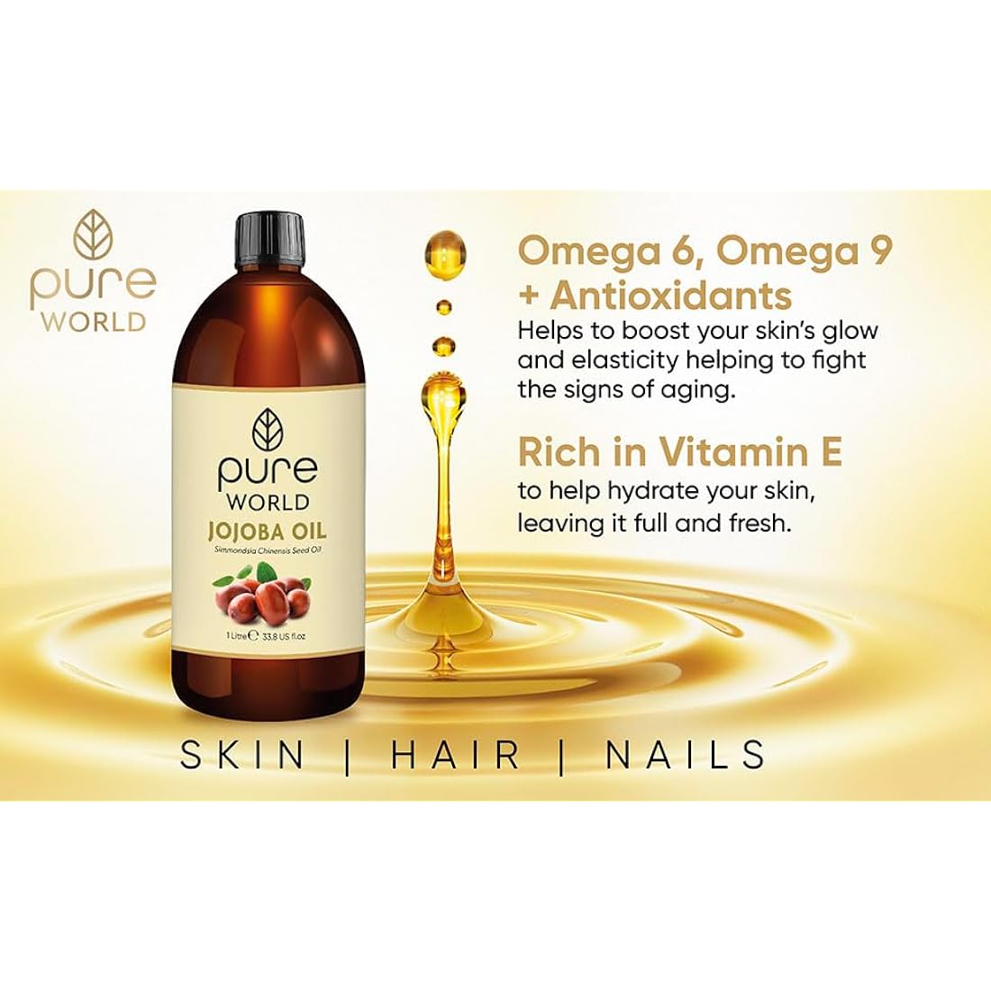 Pure World Natural Jojoba Oil… Jojoba Oil, 1 Litre Jojoba Oil Cold Pressed 100% Pure and Undiluted