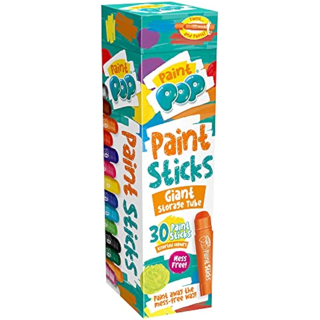 Paint Pop Paint Sticks For Kids - 30 Pack Assorted Colours & Giant Storage Tube - Twist & Paint, Mess-Free, Fast Drying Action, Easy Clean Up, Vibrant Colours, Multi-Surface,0.5 Liters