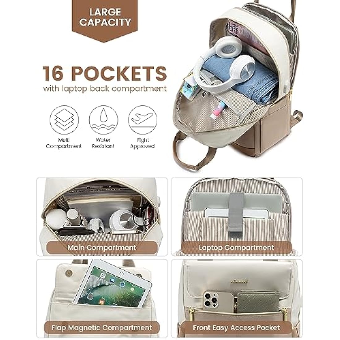 LOVEVOOK Backpack Womens, 17.3 Inch Large Laptop Rucksack Bag for Ladies, Lightweight Computer Backpack Work Bag with USB Port, Casual Daypacks Back Pack for School Uni Travel, Beige Khaki