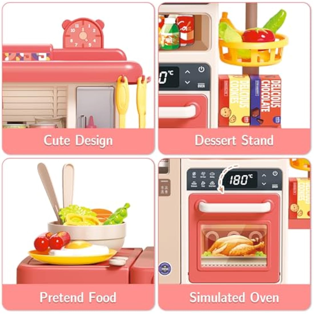 deAO Kitchen Playset Toy with Realistic Lights & Sounds, Kids Play Kitchen Set with Simulation of Spray Features, Pretend Role Play Toys with Lots of Kitchen Accessories Gift for Toddlers (Pink)