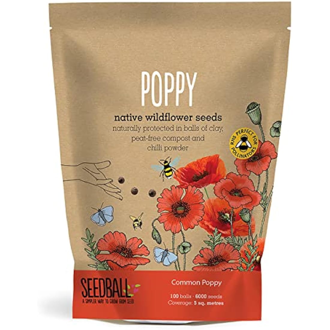 SEEDBALL Poppy Seed Bombs – 100 Seed Balls Per Pack | Bursting with Beautiful Red Poppy Flowers | Clay Protected Seed Bomb for Bees, Butterflies, Birds & Other Garden Wildlife