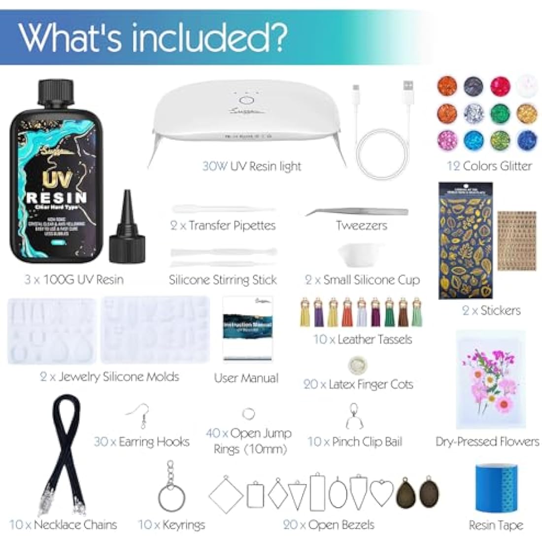 Suzzam UV Resin Kit with Lamp - 300g Crystal Clear UV Resin Jewelry Making Kit with Molds, 30W UV Lamp & Tools | Non-Toxic Low Odor DIY Craft Kit for Jewellery, Keychains, Home Decor