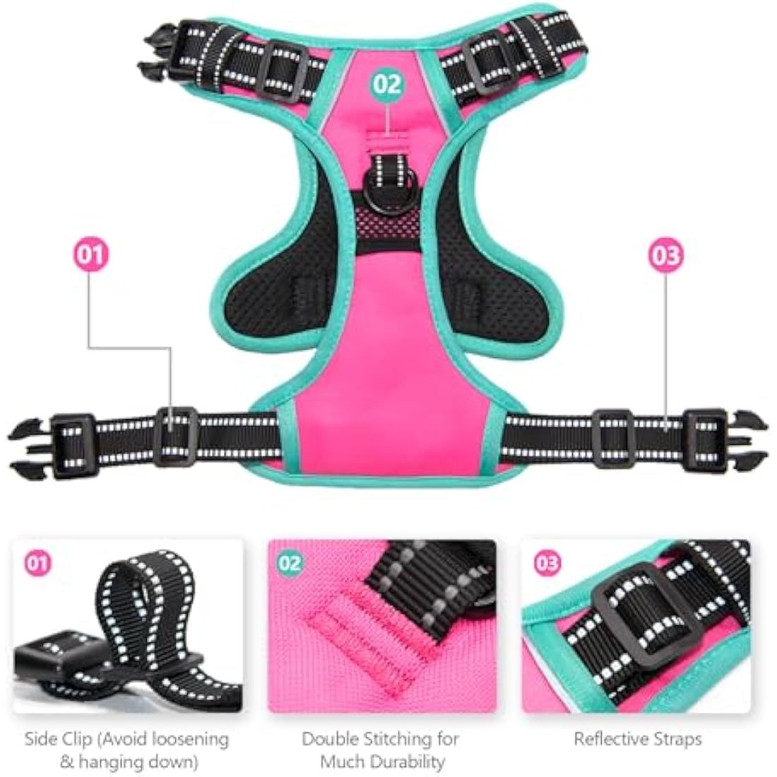 PHOEPET Upgraded No Pull Dog Harness, Reflective Adjustable Vest, with a Training Handle + 2 Metal Leash Hooks+ 3 Snap Buckles +4 Slide Buckles(S, Pink)