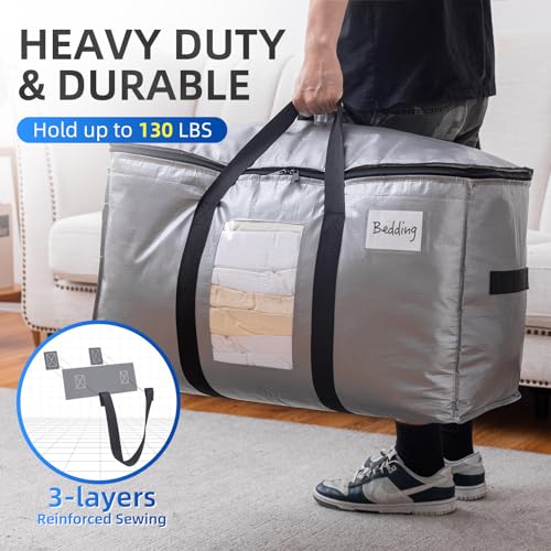 TAILI Moving Bags Silver Heavy Duty Extra Large 4 Pack Storage Bags with zips,Clear Window & Reinforced Handles, Waterproof storage for Clothes,