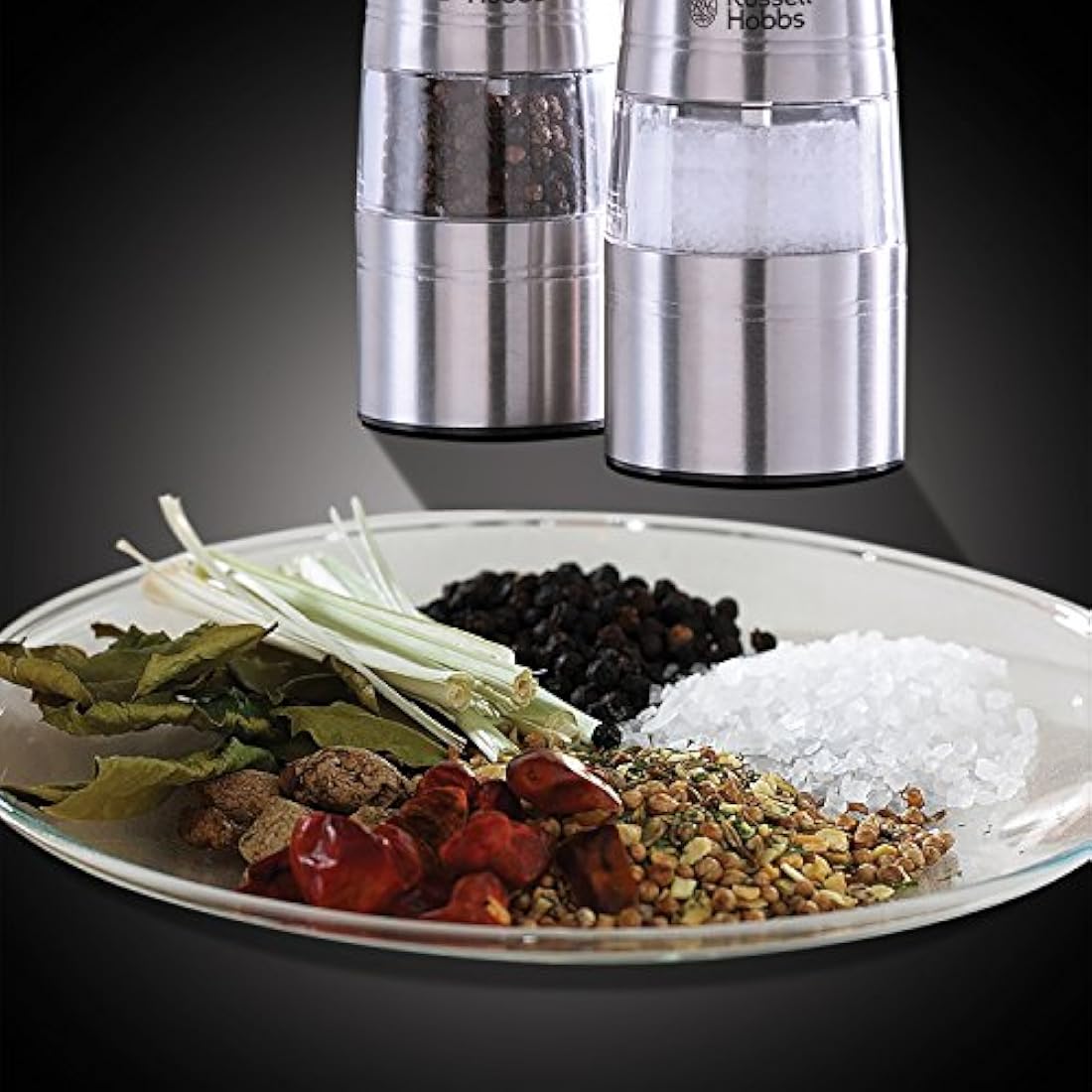 Russell Hobbs Stainless Steel Electric Salt & Pepper Mill Set with adjustable ceramic grinder heads for fine or coarse grinding, Battery operated, Light up during use, One handed operation, 23460-56
