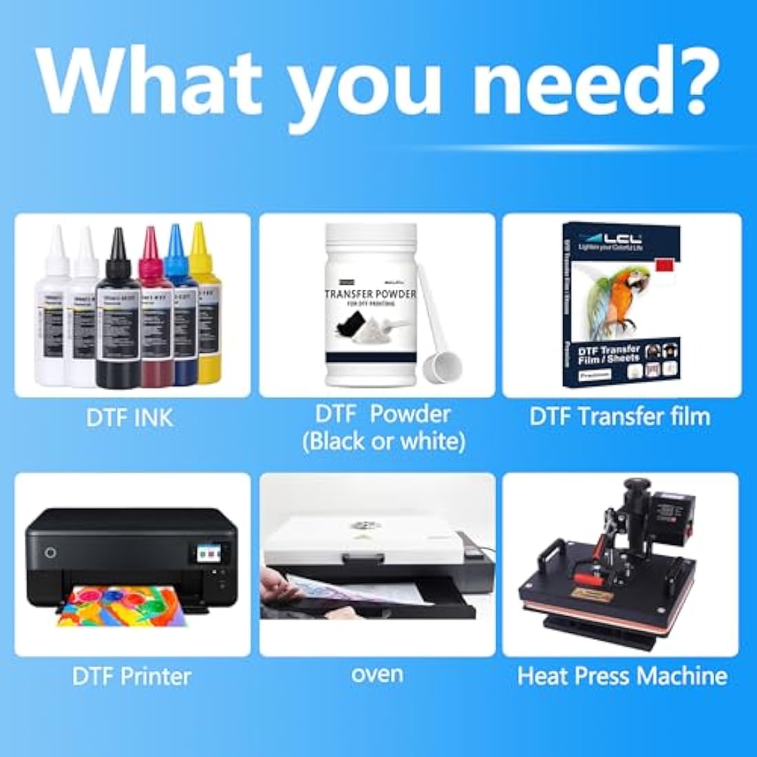 LCL 600ML Premium DTF Ink Refill for Inkjet Printers Heat Transfer Film Printing (100ml x 6 CMYK 2Wh) Replacement for Epson L800 L1800 L805 R1390 4720 I3200 XP600 DX7 DX5 5113 1430 TX800P400 P408 P640