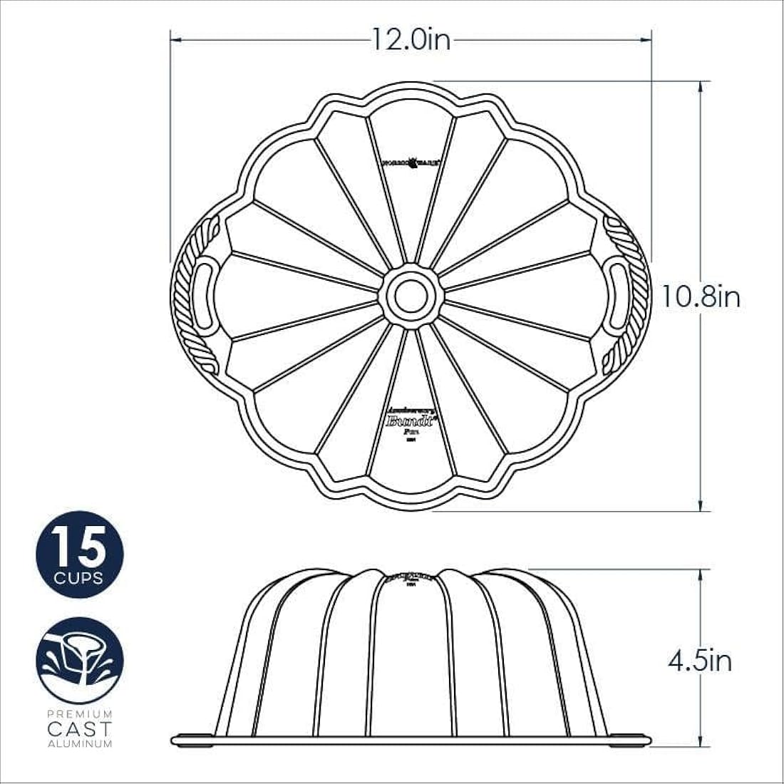 Nordic Ware Platinum Anniversary 12-Cup Bundt Pan, Original Cast Aluminium Bundt Tin, Bundt Cake Tin with Geometric Pattern, Cake Mould Made in the USA, Colour: Gold