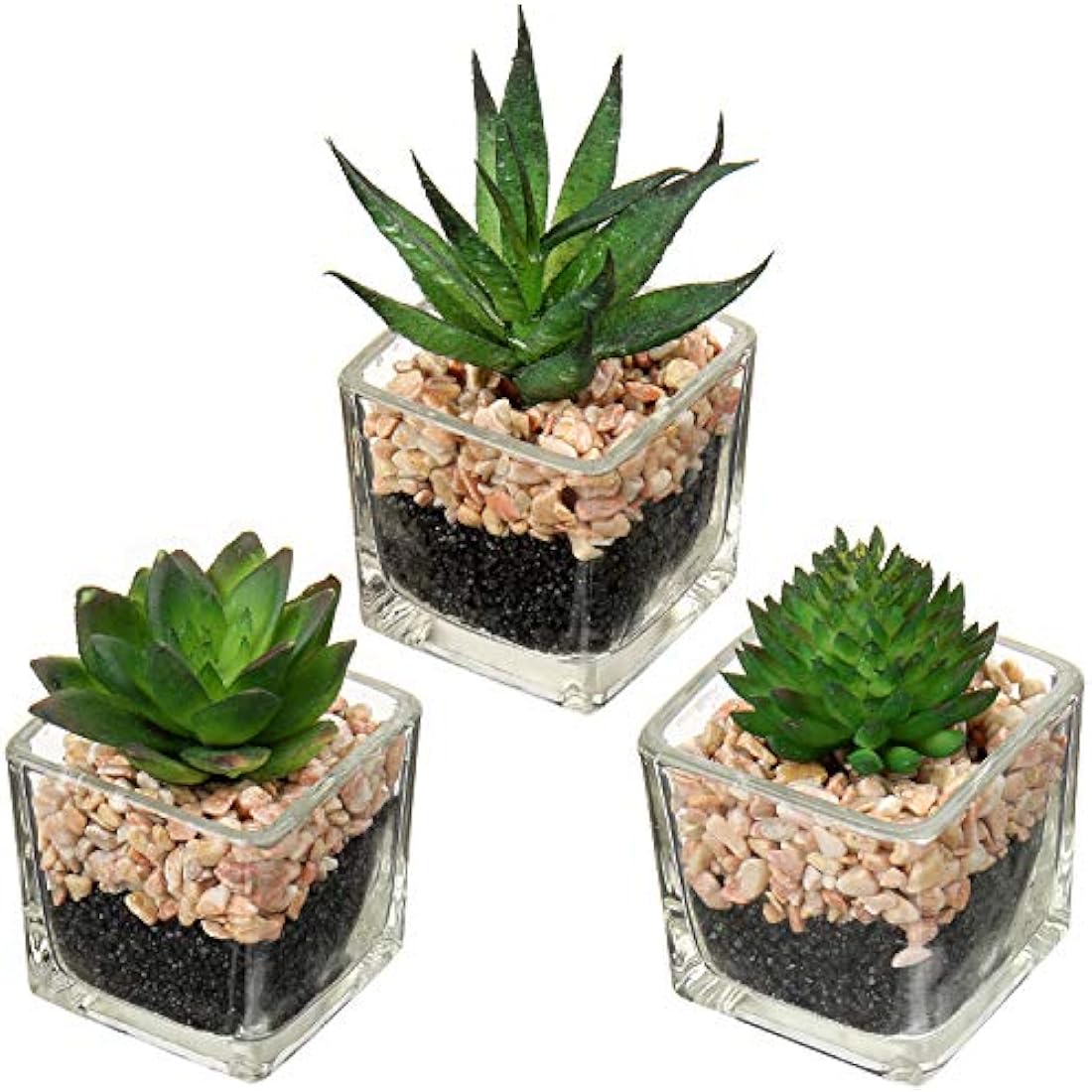 Briful Artificial Succulents Fake Succulent Plants Potted in Mini Square Clear Glass Pots Set of 3 Faux Succulents Small Artificial Succulent Plants Great for Office Home Decor