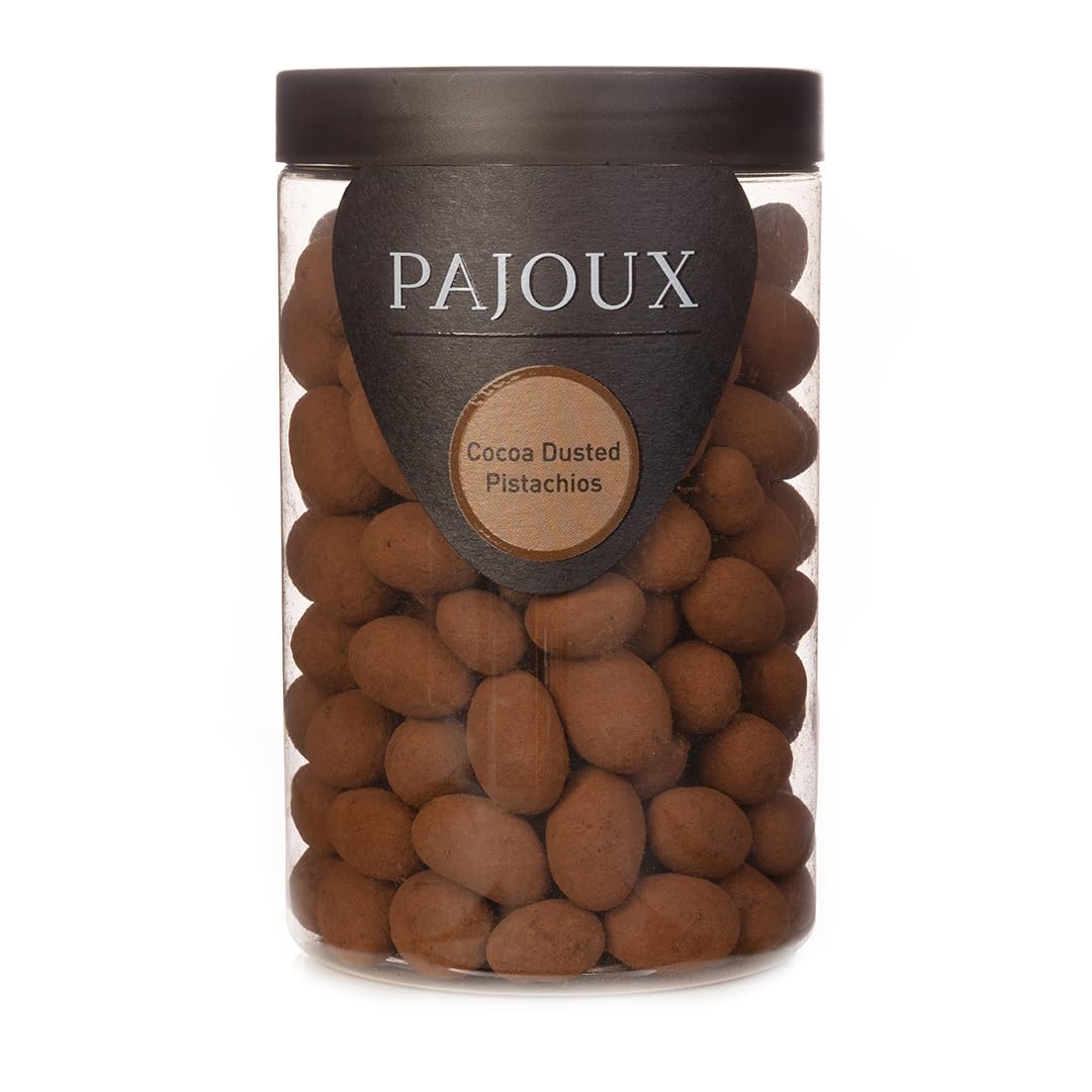 Pajoux Cocoa Dusted Pistachios (Large) 270g | Chocolate Covered Nuts - Whole Pistachios - Cocoa Dusted Covered Nuts - Chocolate in a Gift Jar