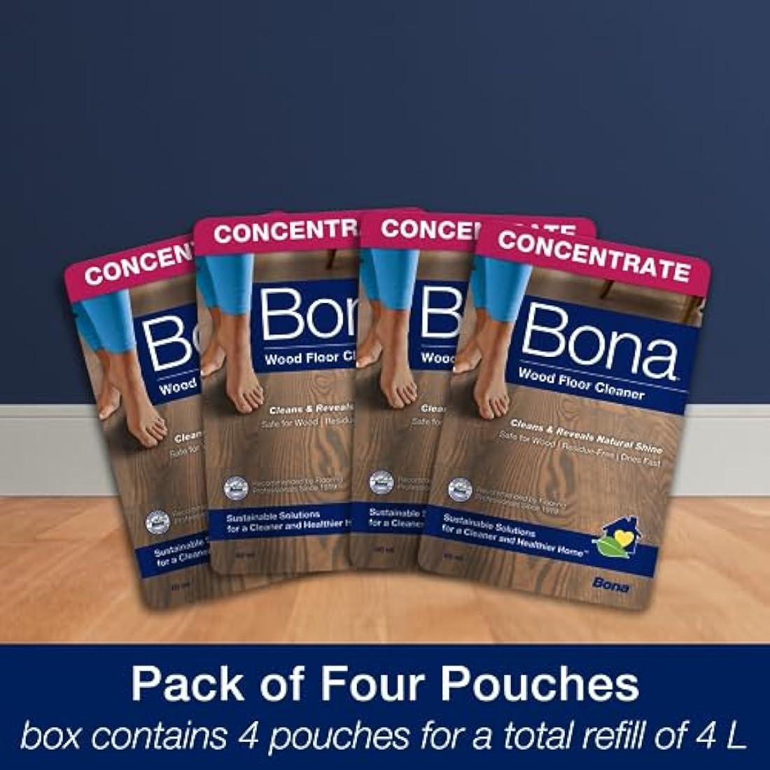 Bona Wood Floor Cleaner Liquid, 60ml Concentrate Refill Pouch, for Varnished or Hard-Waxed Wood Floors, Pack of 4x60ml, 4 Litre Refill
