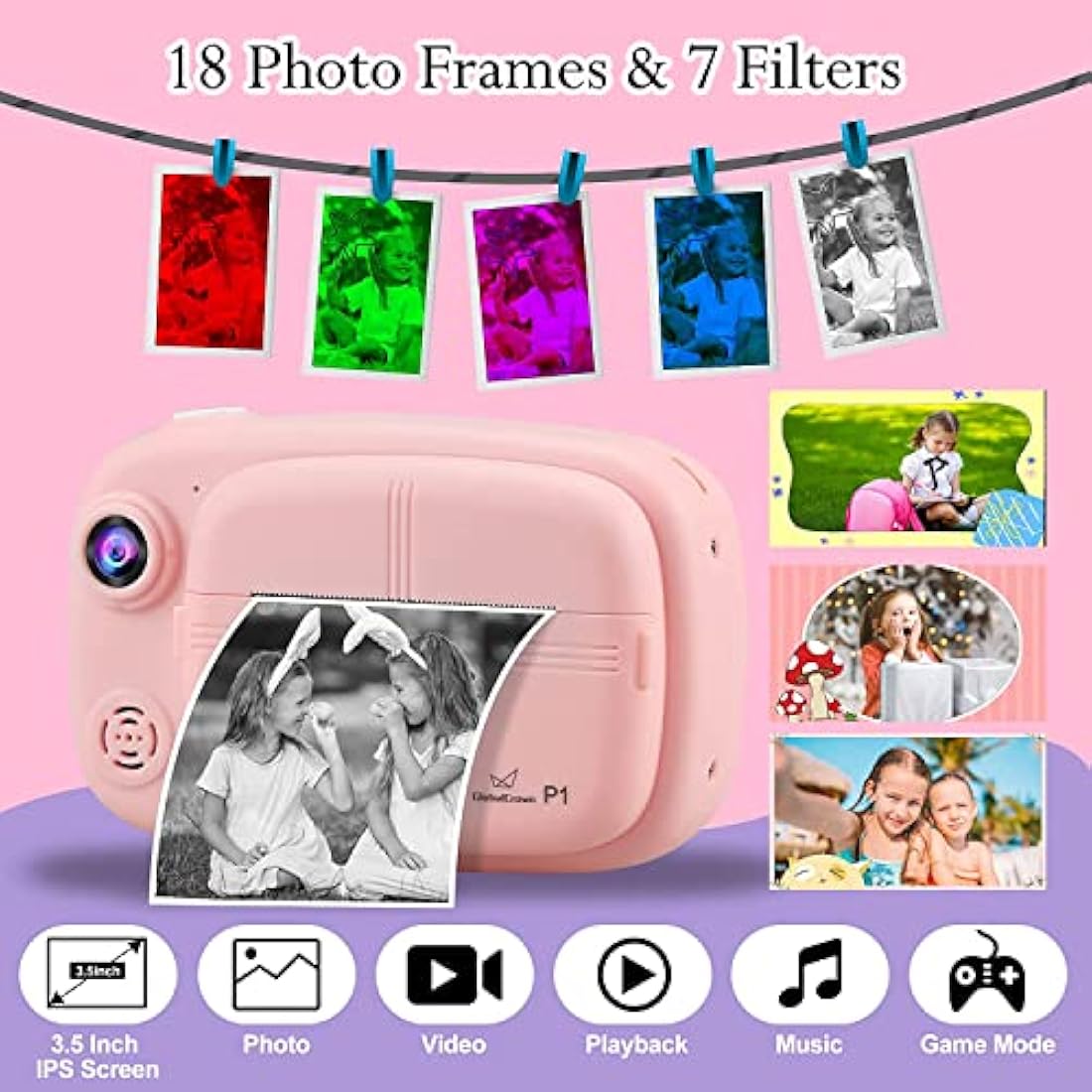 GlobalCrown Instant Camera for Kids,Camera Instant Print 3.5 Inch Screen Video Child Digital Print Photo Gifts for Boys Girls (Included 4 Rolls of Printing Paper and 32GB Card)