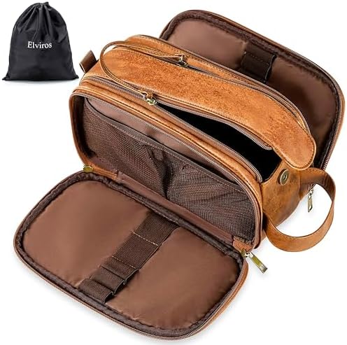 Elviros Water-Resistant PU Leather Toiletry Bag for Men Large Travel Wash Bag Shaving Dopp Kit Bathroom Gym Toiletries Makeup Organizer with Wet Dry Compartment