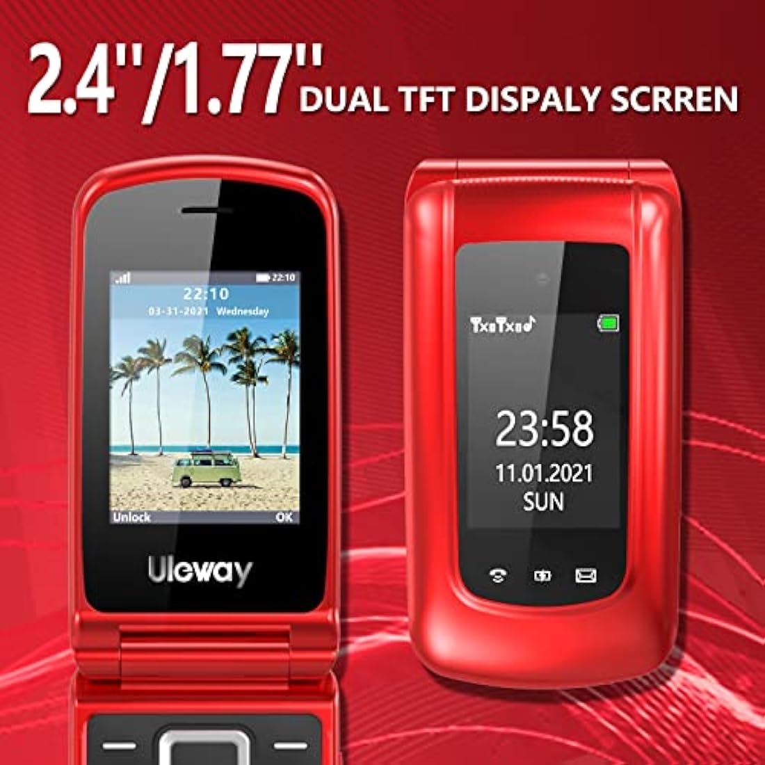 Senior Mobile Phone with Big Buttons, GSM Sim Free Unlocked Basic Cell Phones Easy to Use, Flip Phone with Dual Color Display | SOS Button | FM Radio | Torch |1000mAh Battery | Speed Dial (Red)