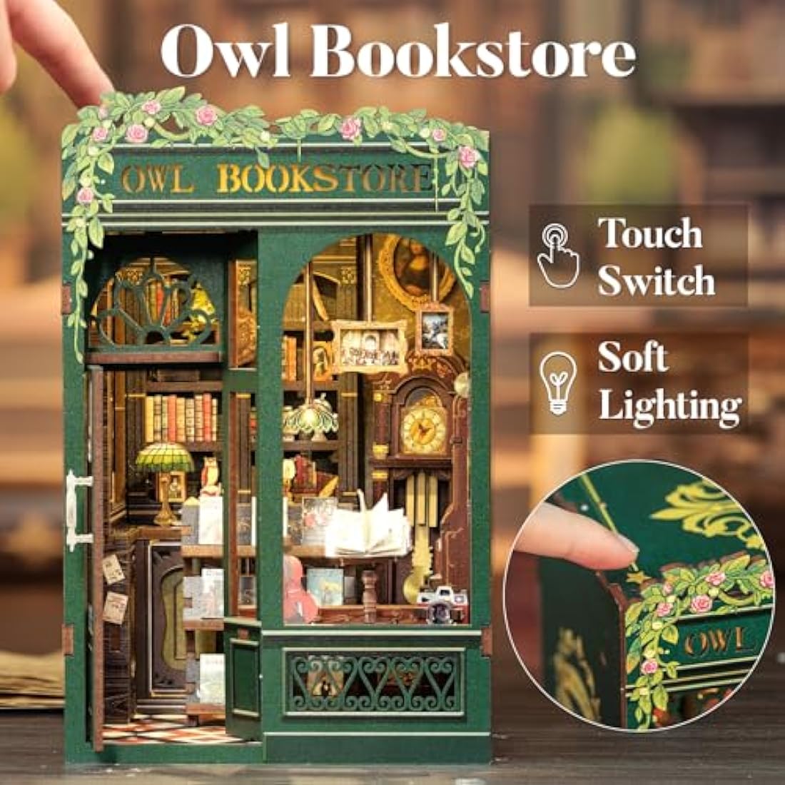CUTEBEE Book Nook Kit - DIY Miniature Dollhouse Kits for Adults and Teens, 3D Wooden Puzzle Bookshelf Decor Alley Model Build with LED Light, Gifts for Family and Friends (Owl Bookstore)