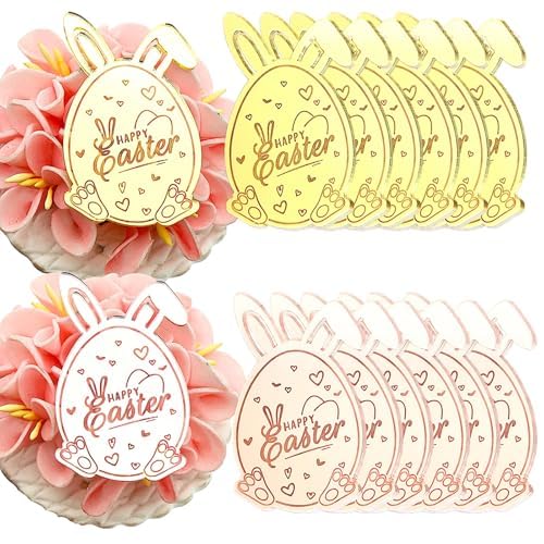 Happy Easter Cupcake Toppers ? Egg & Bunny Shapes ? Set of 12 or 24 | 3 LITTLE DESSERTS Mirror Gold & Mirror Rose Gold (Egg Discs, 24)