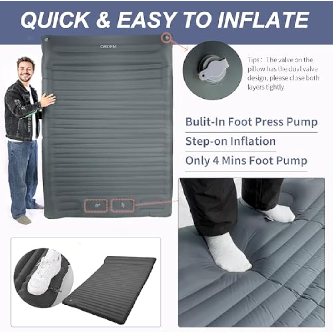Origem Self Inflating Camping Sleeping Mat Double, 14Cm Extra Thick & Wide Camping Mattress with Built-In Foot Pump, Inflatable Sleeping Pad For Hiking, Outdoor, Traveling, Backpacking, Beach