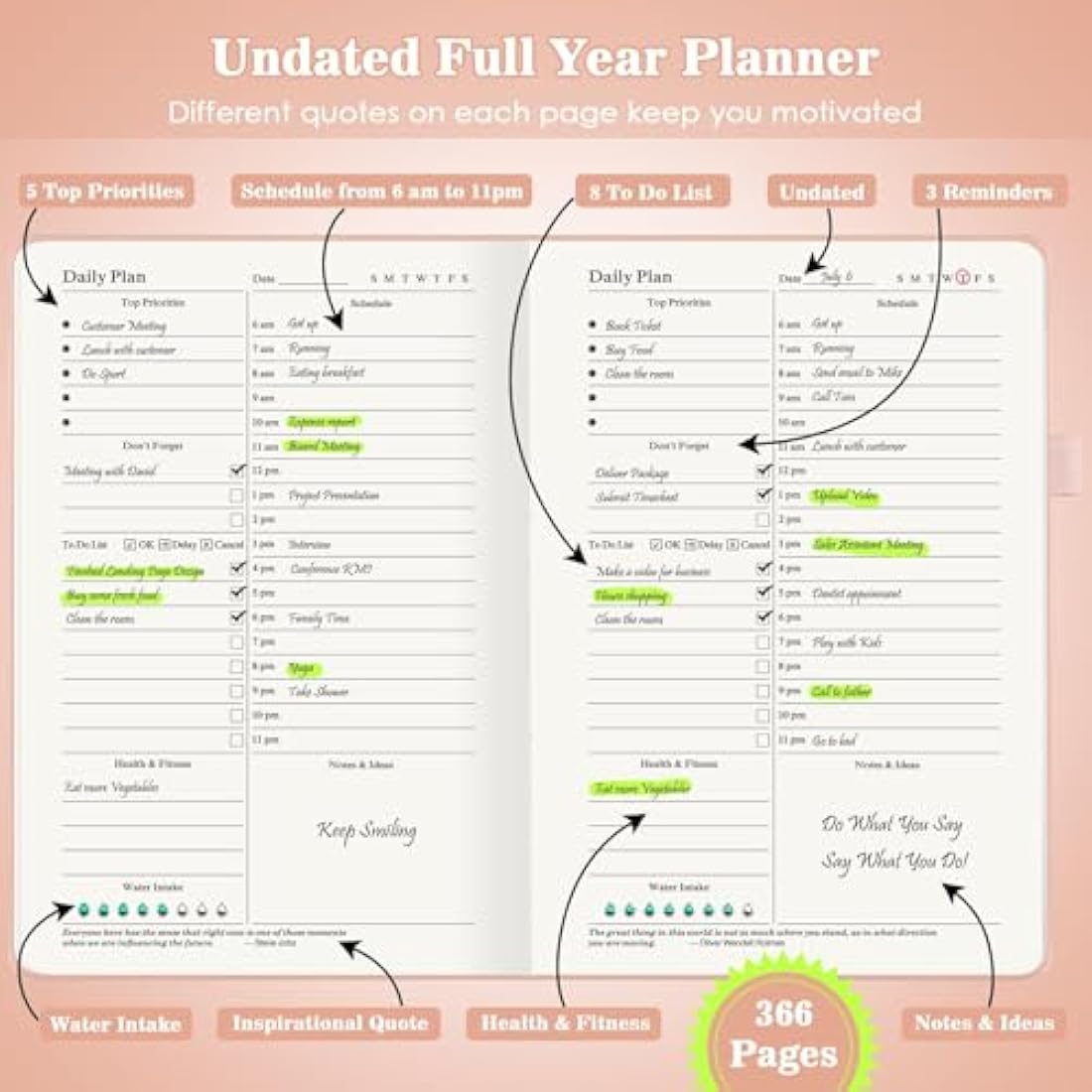 Planner, Undated Daily Planner with To Do List, 365 Days Planner for ADHD, Agenda for Women Men, Hourly Planner Notebook for Goal Setting, Productivity Organizer with Calendar, 8.3" x 5.8" (Pink)