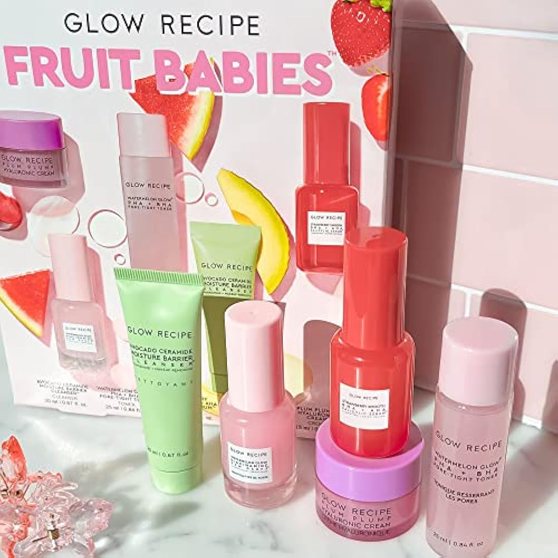 Glow Recipe - Fruit Babies s Kit Mini Travel Size Beauty Essentials Avocado Foam Cleanser, Niacinamide Dew Drops Serum, Pore-Tight Toner, Salicylic Hyaluronic Acid Cream (5 Count), 0.65 pounds