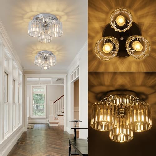 ZYDTRIP Crystal Chandeliers Ceiling Light, 3-Lights Crystal Lights Living Room, Modern Chrome Semi Flush Ceiling Light Fittings for Bedroom, Hallway, Bathroom, Foyer, Kitchen Light Fixture