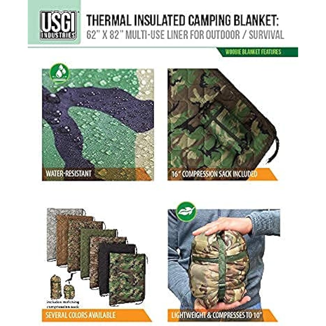 USGI Industries Military Woobie Blanket | Thermal Insulated Camping Blanket, Poncho Liner | Large, Portable, Water-Resistant, for Hiking, Outdoor, Survival, Comes with Compression Carry Bag (Marpat)