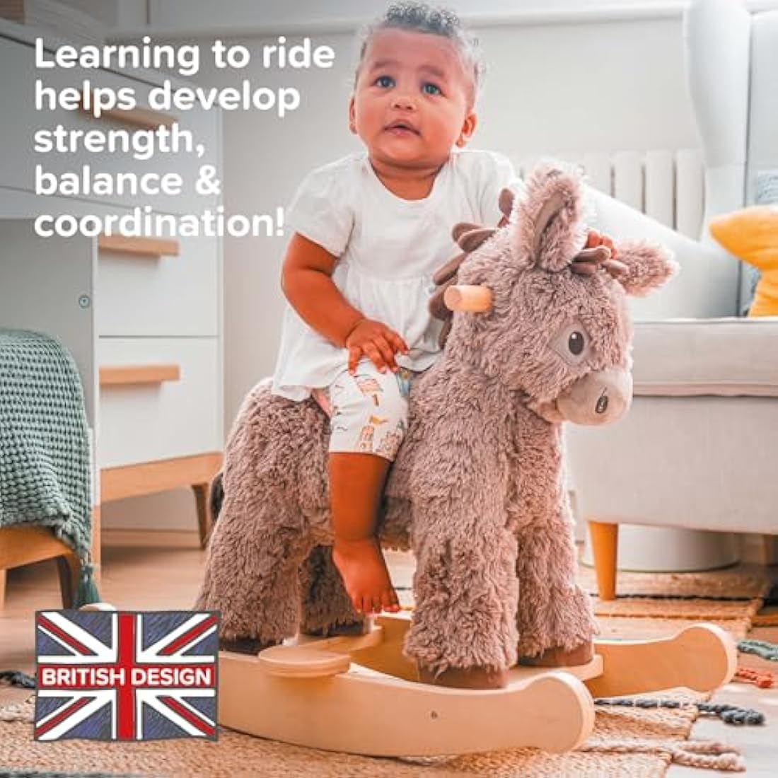 Little Bird Told Me - Norbert Donkey Rocking Toy for Baby/Toddler 9+ Months Unisex - Soft Plush Fabric, Solid Wooden Frame & Rockers, Scrunchy Ears & Tail - British Brand Since 2007
