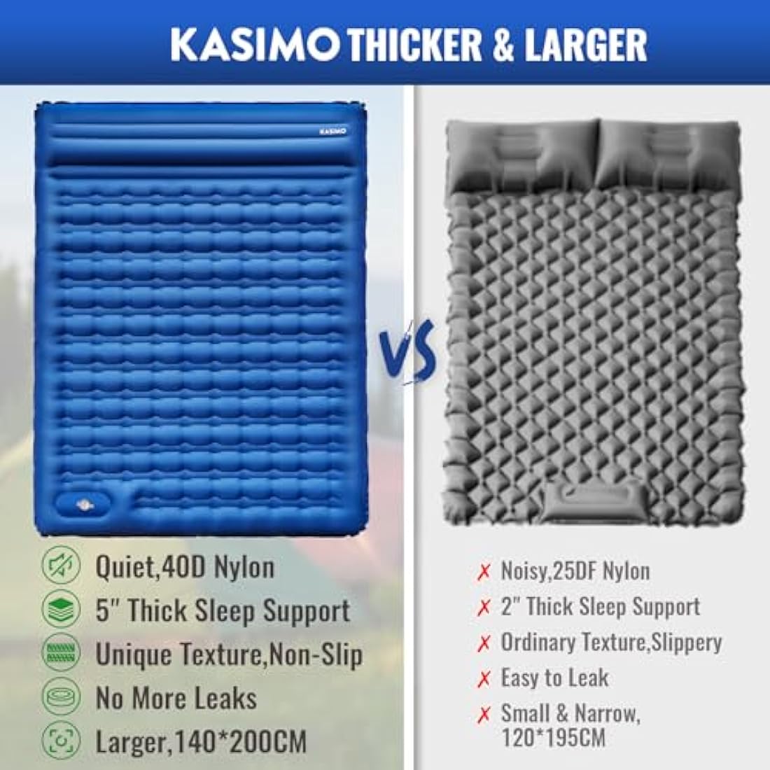 KASIMO Sleeping Mat - Ultralight & Thick Inflatable Camping Sleeping Pad Air Mattress Self-inflating Bed with Built-in Pump & Pillow Compact for Camping Backpacking Hiking Traveling