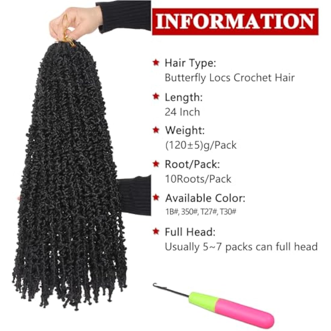XTREND 24 Inch Black Butterfly Crochet Hair Long Distressed Faux Locs Pre-looped Crochet Braids Synthetic Soft Locs for Women 6Packs 10Strands/pack 1B#