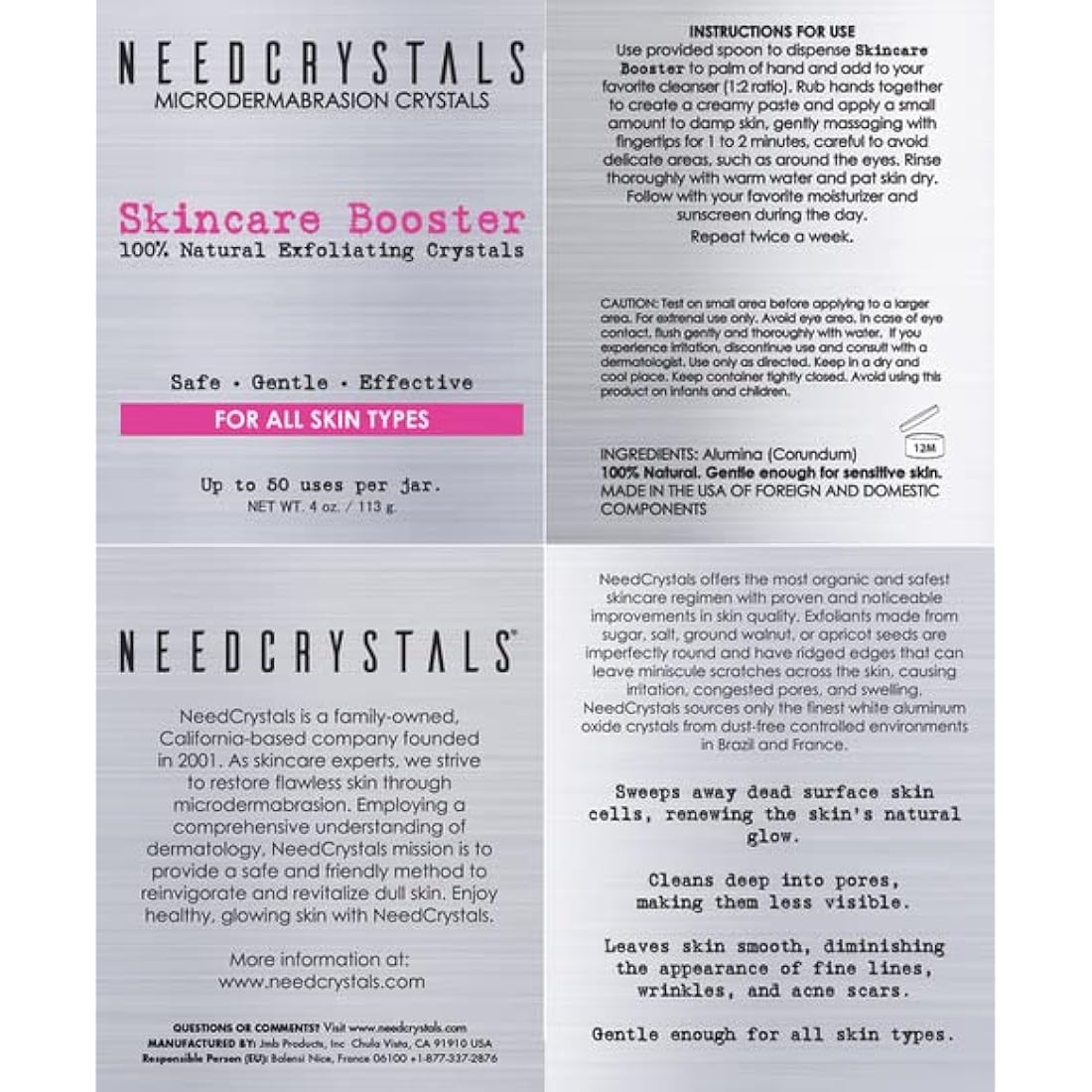 NeedCrystals Microdermabrasion Crystals, DIY Face Scrub. Natural Facial Exfoliator for Dull or Dry Skin Improves Scars, Blackheads, Pore Size, Wrinkles, Blemishes & Skin Texture. 113 Grams