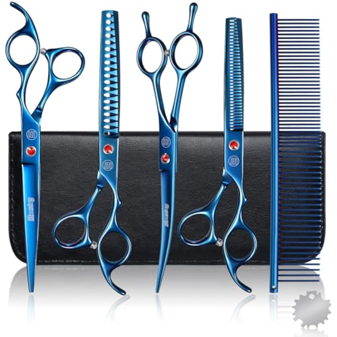 Moontay Dog Grooming Scissors Set Professional, 7 Inch Pet Grooming Scissors, 8 in 1 Straight, Curved, Thinning, Fishbone Scissors with Comb, Tension Adjuster, Cleaning Cloth and Storage Case, Blue