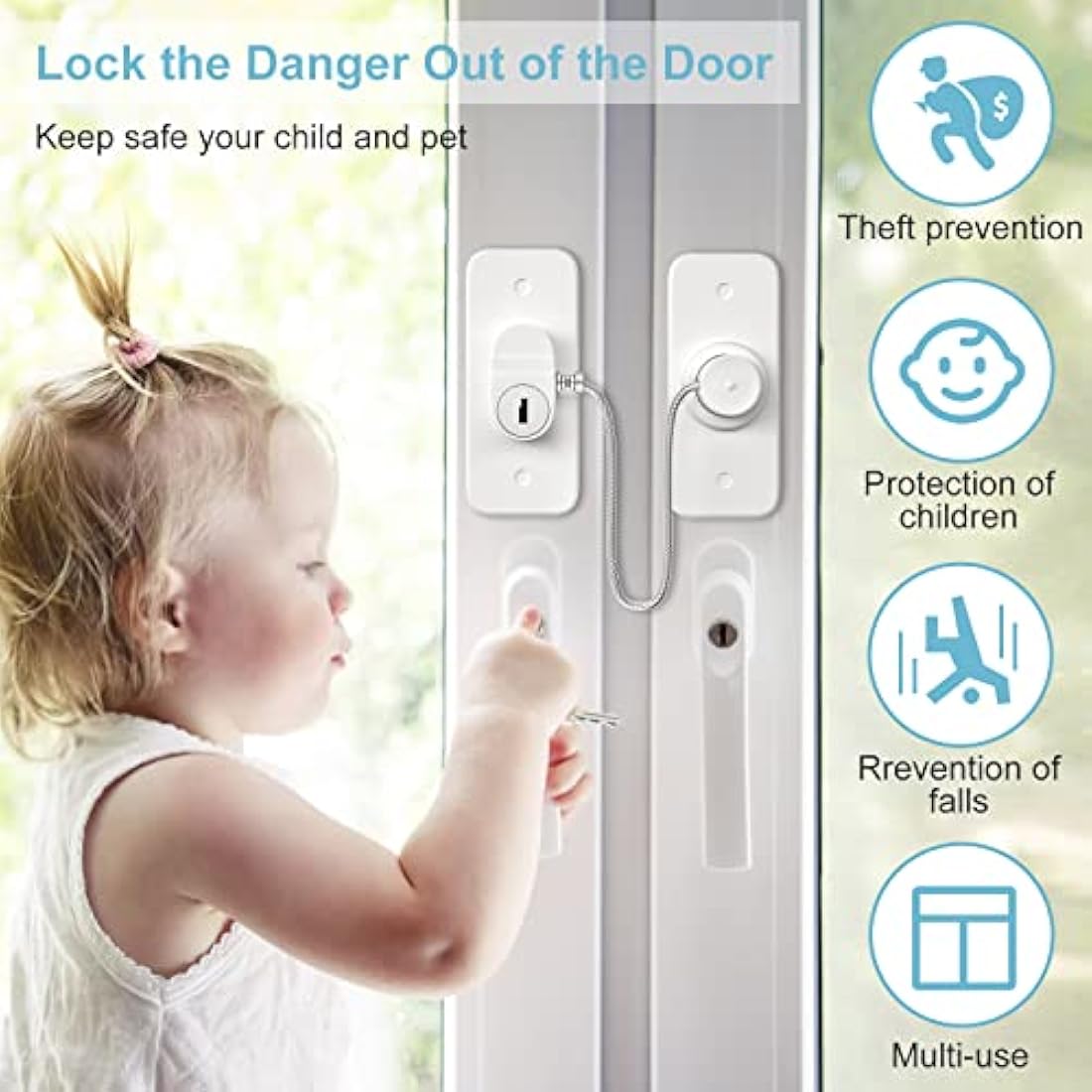 Window Safety Lock AOSITE 4 Packs Versatile Window Restrictor Self Adhesive for UPVC No Drilling Window Locks, Refrigerator Lock with Key Child Pet Child Safety Cable Lock for Childproof
