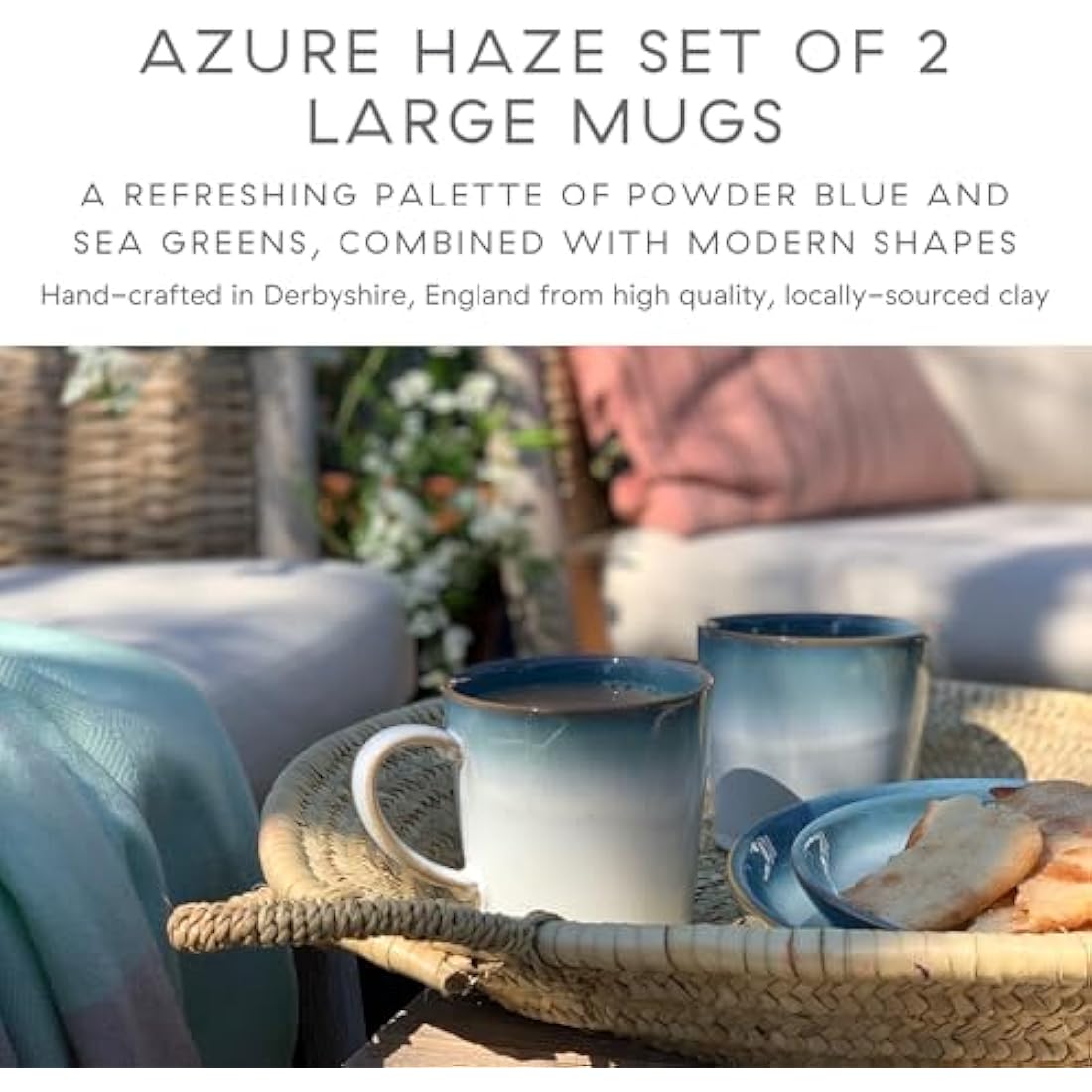 Denby - Azure Haze Blue Coffee Mug Set of 2-400ml Large Stoneware Ceramic Tea Mug Set for Home & Office - Dishwasher Safe, Microwave Safe - Blue, White Reactive Gradient Glaze - Chip Resistant