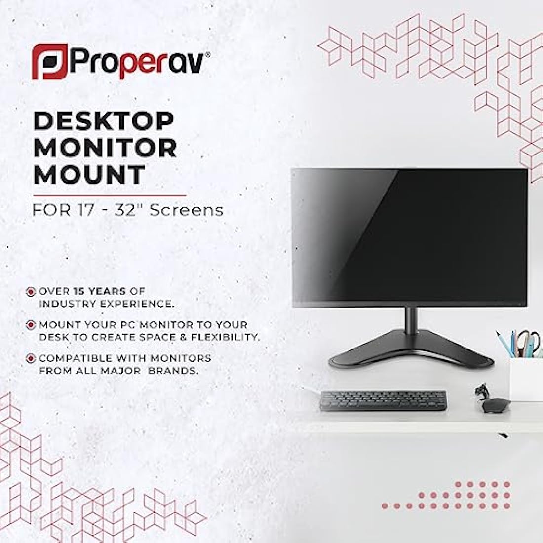 ProperAV Desk Monitor Mount with Free Standing Base 17" 19" 21" 22" 23" 24" 27" 32" VESA Max 100x100 Height Max 465mm