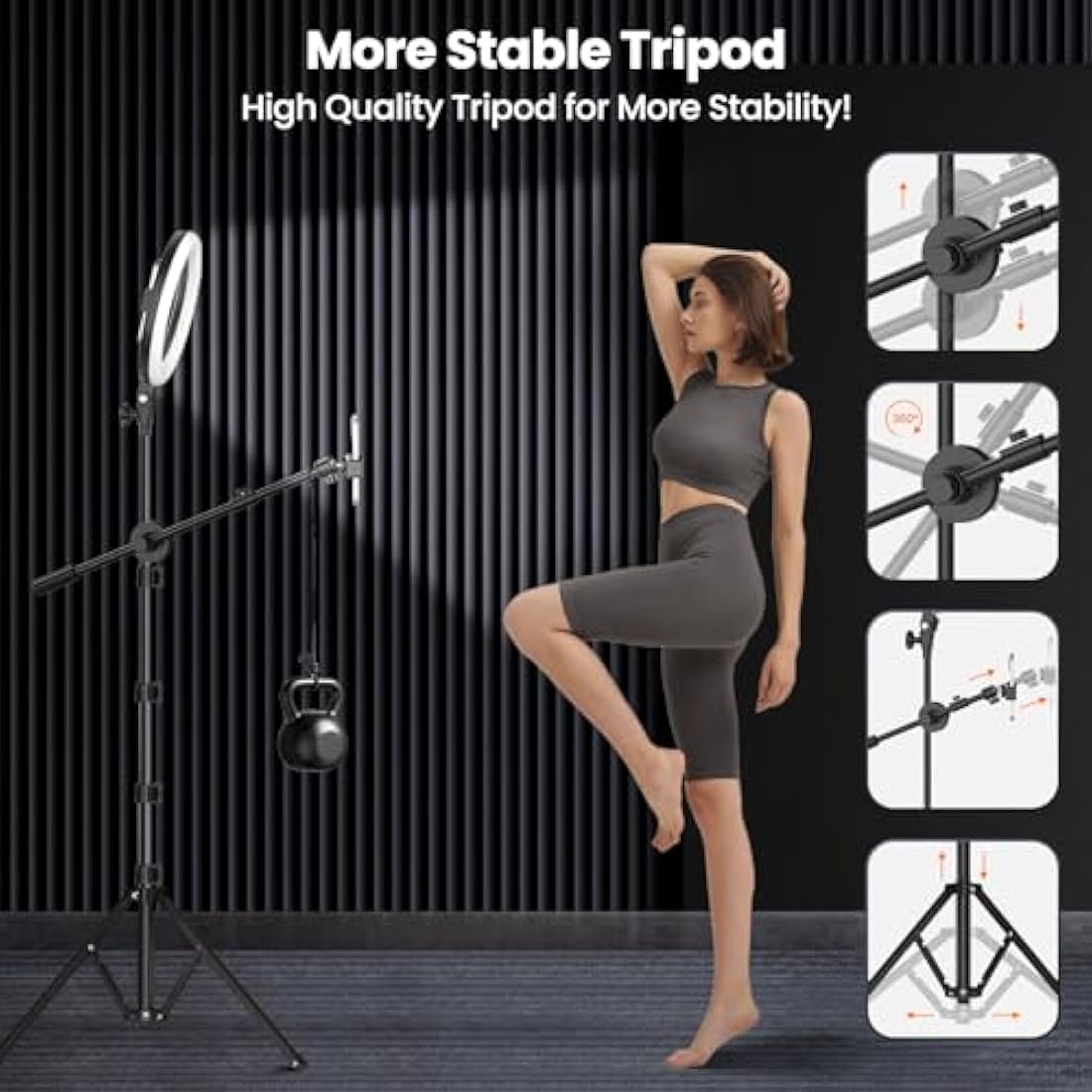 LUXSURE 10.5" Ring Light with Tripod Stand & Phone Holder, Overhead Phone Mount with 2 Shooting Positions, Tripod for iPhone with Ring Light for Video Recording/Live Streaming/Cooking
