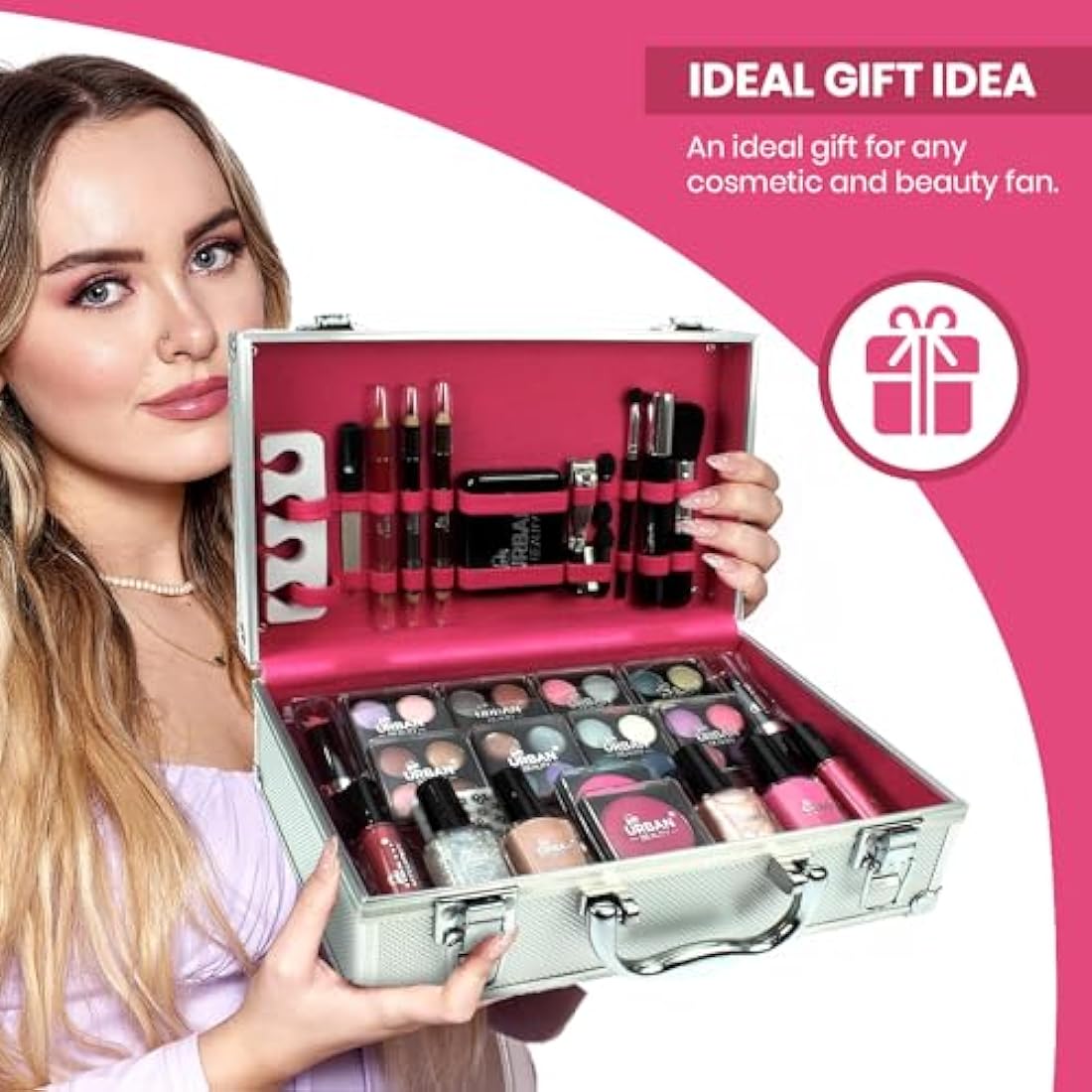 LOVE URBAN BEAUTY Dazzling Makeup Case – 60-Piece Vegan Makeup Set for Teenagers – Elegant Silver Box – Compact and Lightweight Design – Travel-Friendly Women’s Makeup Set