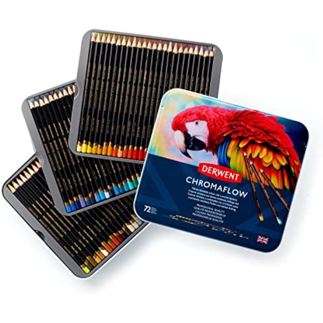 Derwent Chromaflow Pencils, Set of 72 in Tin, 3.5mm Round, Premium Core Strength, Blendable with Smooth Texture, Ideal for Drawing, Colouring & Layering, Professional Quality, 2306014