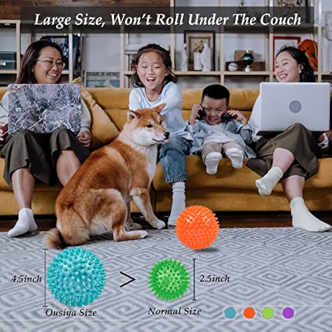 Ousiya Thickened 12 cm Squeaky Dog Toy Balls, 4 Pack Spikey Indestructible Dog Balls for Aggressive Chewers for Medium Large Dogs, Durable Dog Toys for Teeth Cleaning and Training