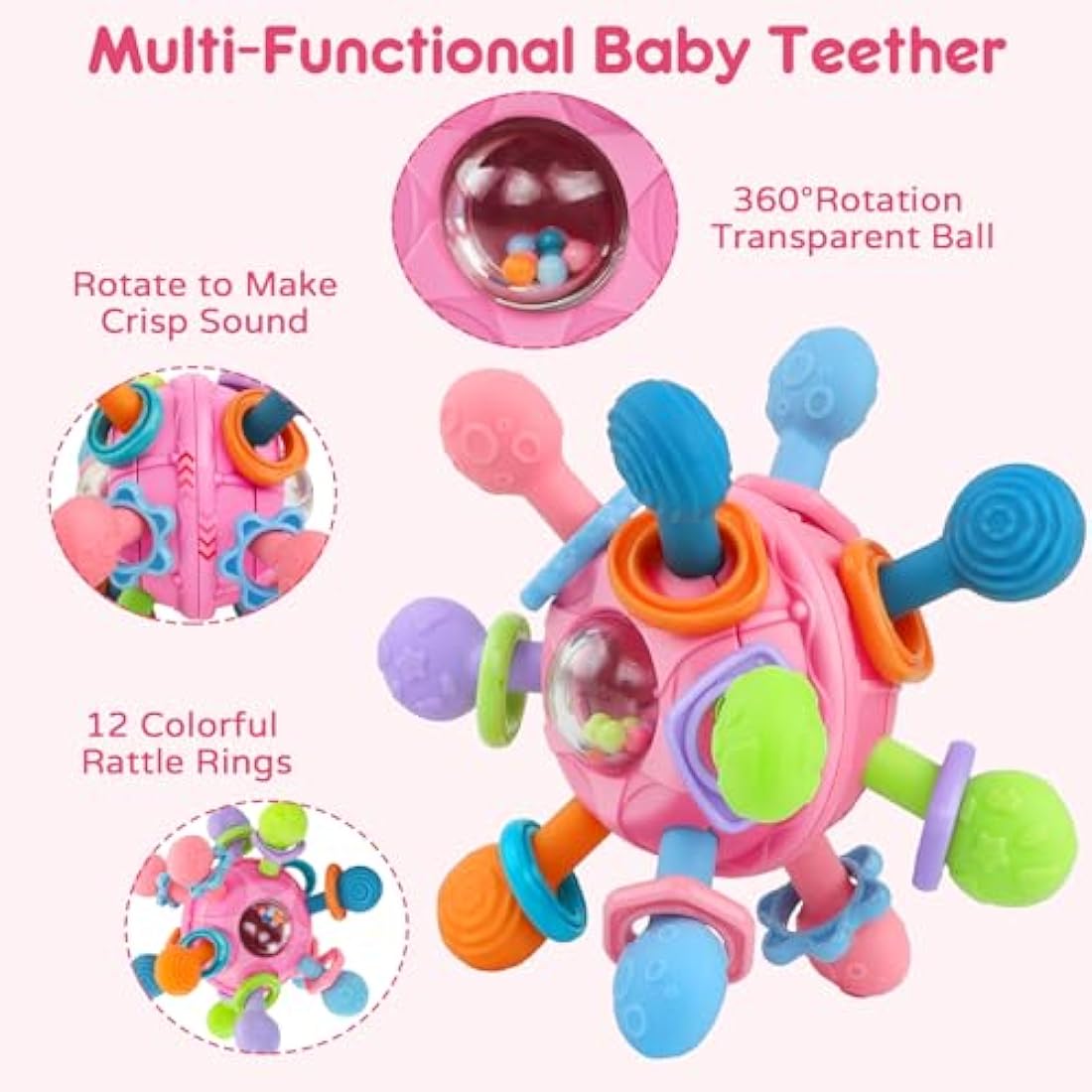 Baby Toys 0-6 Months Sensory Montessori Toys for Babies 6-12 Months Baby Rattle Teether Toy Shaker Grab Spin Newborn Toy Gift for 8 9 Month Babies Toddler Boys Girls Christmas(Pink)