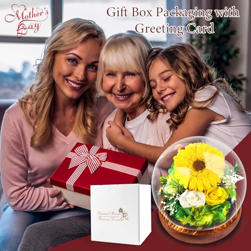 Touloube Mothers Day Chrysanthemum Flowers Gifts for Women, Real Stabilized Sunflower Glass Dome, Eternal Sunflower with LED Lights&Gift Box, Advanced
