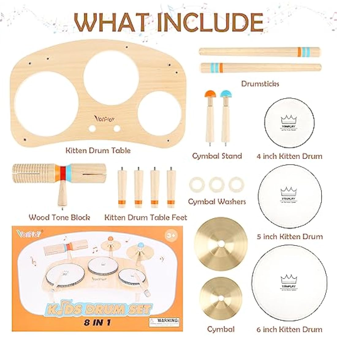 Vanplay Wooden Toys Kids Drum Kit Musical Instruments For Toddlers Baby Drum Musical Toys Gifts for 3 4 5 Years Old Girls Boys