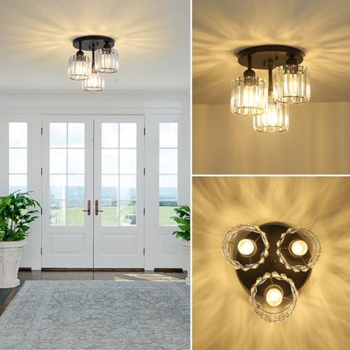 Rayofly Modern Crystal Chandeliers, 3-Light Crystal Lights for Living Room, Black Semi Flush Ceiling Light Fittings for Hallway, Bathroom, Bedroom, Foyer, Kitchen
