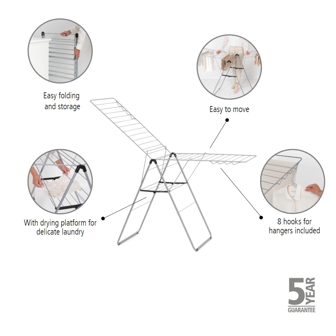Brabantia HangOn Laundry Drying Rack (25m / Metallic Grey) Compact, Foldaway, Adjustable Indoor Stainless Steel Clothes Horse