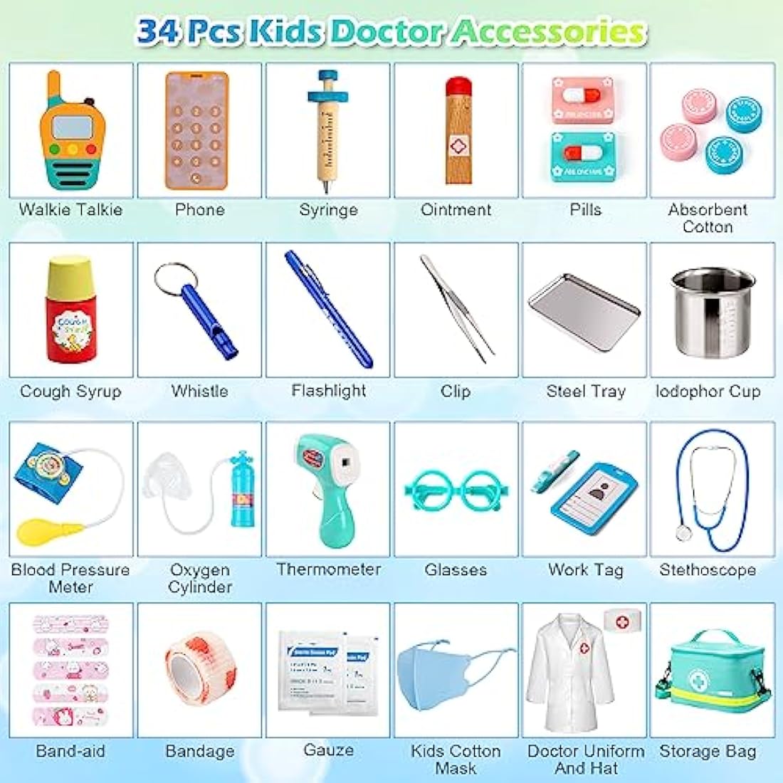 Sundaymot Kids Doctors Wooden Kit, 34 Pcs, with Real Stethoscope, Portable Doctors Bag, Pretend Role Play Medical Kit Toys for 3-6 Year Old Toddlers